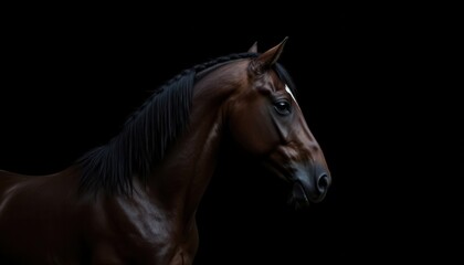 Obraz premium Noble horse with braided mane, studio lighting, black background, high contrast elegance, equine royalty, majestic animal concept, Generative AI.