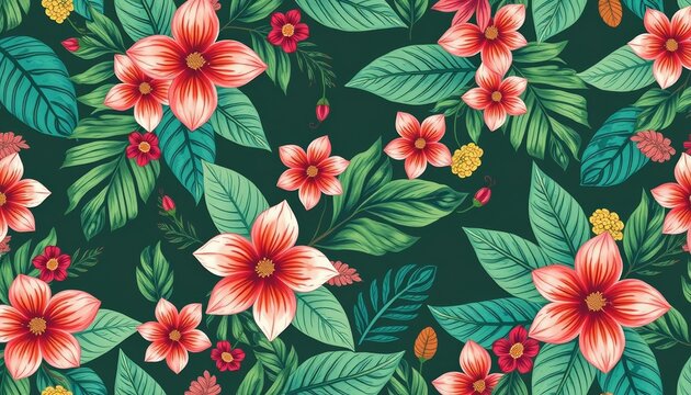 Seamless pattern of hand-drawn tropical leaves and flowers in a boho style, whimsical, pattern