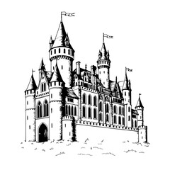 Majestic Castle Sketch: A detailed monochrome sketch of a grand castle, exuding a sense of history, mystery, and timeless beauty. Every architectural detail, from towers to turrets.