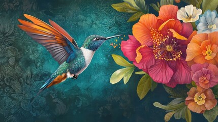 A Colorful Hummingbird Approaches a Vibrant Bouquet of Flowers