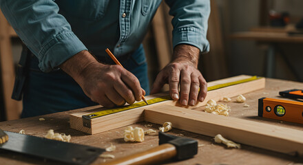 Skilled carpenter measuring wooden planks in a workshop, surrounded by tools and wood shavings, focused on precision