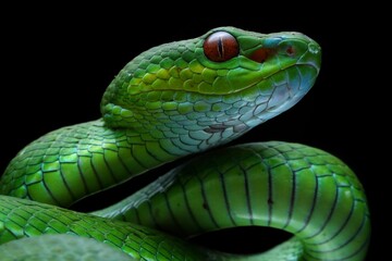 Close-up A vibrant green pit viper, likely a Trimeresurus popeiorum, coils gracefully on a branch. Its red eyes stand out against its emerald scales, Indonesia