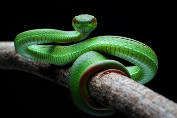 Close-up A vibrant green pit viper, likely a Trimeresurus popeiorum, coils gracefully on a branch. Its red eyes stand out against its emerald scales, Indonesia