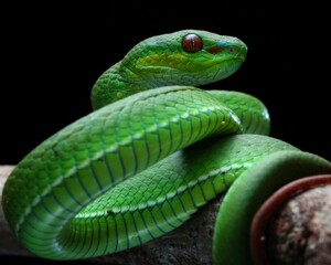 Close-up A vibrant green pit viper, likely a Trimeresurus popeiorum, coils gracefully on a branch. Its red eyes stand out against its emerald scales, Indonesia