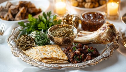 Passover Seder plate on a marble table, highlighting matzah, charoset, bitter herbs, and a shank bone, with a neutral background and soft lighting for an elegant look