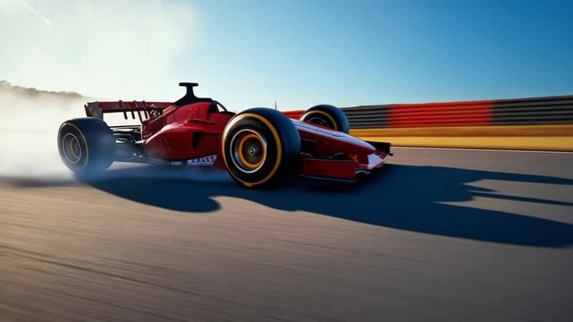 Sleek Red and Gold F1 Car Speeding on Racetrack Under Clear Sky