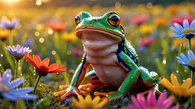 Bright green frog resting on colorful wildflowers in dreamy nature setting