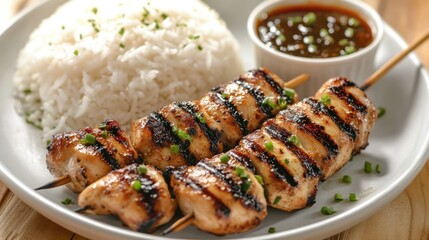 Grilled Chicken Skewers with Rice and Dipping Sauce: A Culinary Harmony