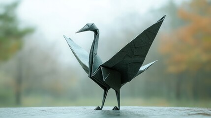 A piece of intricate origami art, a delicate paper crane, sitting on a clean white surface, sharp focus on the folds and details.