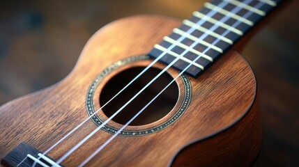 Fototapeta premium A traditional ukulele with nylon strings, close-up on the fretboard and soundhole, natural wood texture.