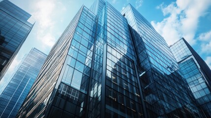 Modern skyscrapers in a city, glass facades reflecting the sky.