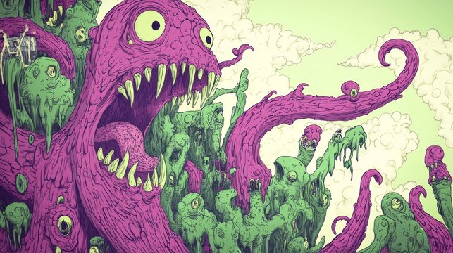 Illustration depicts a bizarre otherworldly monster scene with tentacles