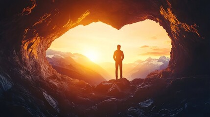 Silhouette of person standing in heart-shaped cave opening, overlooking sunset mountain landscape.