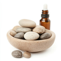 Smooth zen stones and essential oil bottle in a bowl for aromatherapy and relaxation