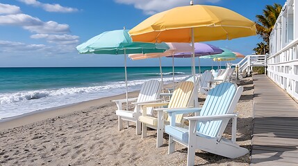 Colorful Beach Scene in Florida with Pastel Umbrellas and Relaxing Chairs