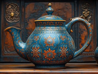 Intricate Blue Teapot with Gold Floral Design on Wooden Surface