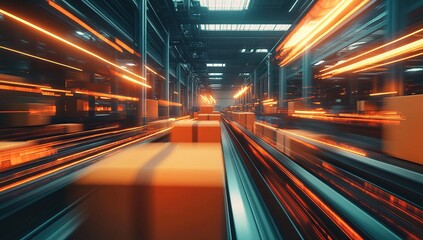 Fototapeta premium Fast-Paced Automated Warehouse: Packages Zoom Along Conveyor Belts, Efficiently Delivering Goods Globally.