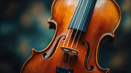 A beautiful wooden violin with its bow resting on top, the delicate curves and f-holes visible, soft, diffused light.