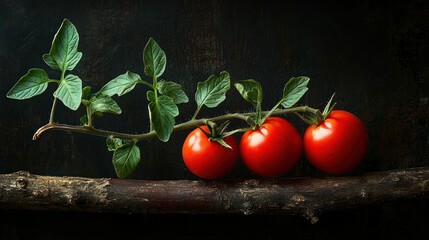 A vine-ripened tomato still attached to its branch, surrounded by green leaves, suggesting freshness and natural growth.