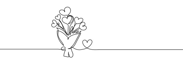 Continuous line, heart-shaped flower bouquet vector illustration with transparent background editable stroke.