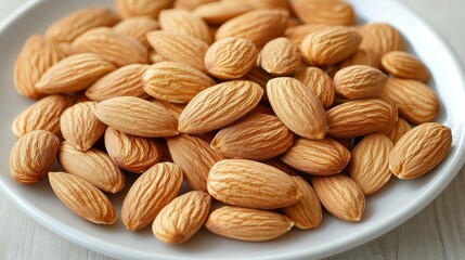 Fototapeta premium Sliced almonds, thinly cut and arranged neatly on a white plate, highlighting their delicate form.