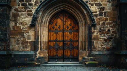 The entrance of a historic church, heavy wooden doors, intricate metalwork, a stone archway, inviting and solemn atmosphere.