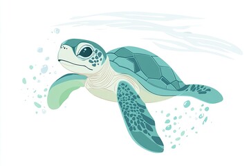 Obraz premium Flat illustration of a baby turtle swimming in clear water, minimalistic design, white background, light blue and green tones, high quality, stock illustration