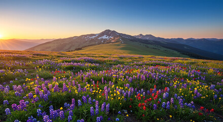A sweeping mountain landscape blanketed in colorful wildflowers under a clear spring sky, vibrant and enchanting scenery