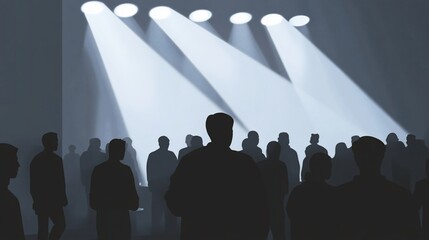 Silhouetted crowd awaits spotlight in large, dimly lit space.