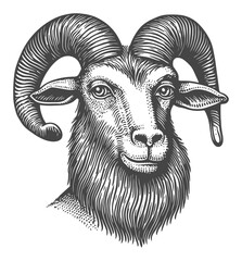 Detailed Engraving of Ram with Distinctive Curved Horns