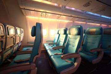 Obraz premium Empty airplane cabin basking in warm sunset glow, inviting travelers to dream of distant adventures and new horizons