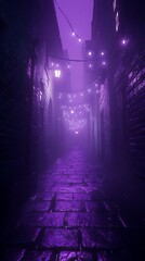 Misty purple alleyway at night