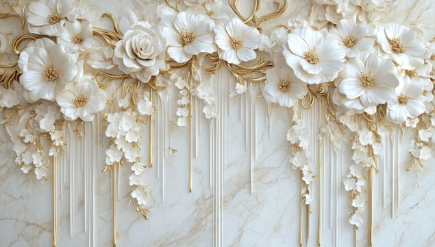 Elegant white floral wall decor with gold accents.  Detailed 3D flowers and vines cascade down a marble-like background