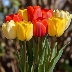Obraz premium Vibrant bouquet of red and yellow tulips in full bloom