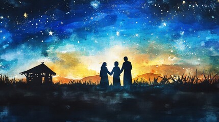 Silhouetted family stands against a vibrant sunset and starry night sky, near a small hut.