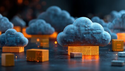 Exploring Digital Cloud Computing:  Data Storage and Server Networks Illustrated with Abstract 3D Models, Highlighting Network Infrastructure and Digital Transformation.