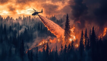 Helicopter battling forest fire.  A firefighting helicopter hovers above a raging wildfire, spraying water onto the flames.  Smoke billows from the burning trees in the foreground