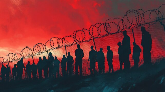 Silhouetted figures stand before a barbed wire fence against a dramatic red sky.