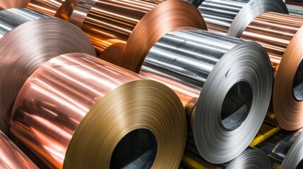 Rolls of steel and non-ferrous metals like copper arranged in a factory, with industrial lighting casting reflections on their surfaces, highlighting their industrial beauty