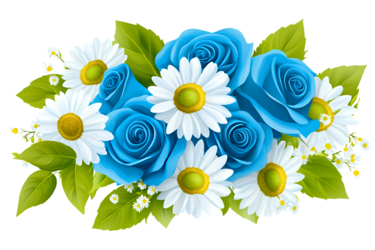 Beautiful blue floral bouquet, white background, clip art style, high resolution, high quality, blue roses and daisies with green leaves  transparent background