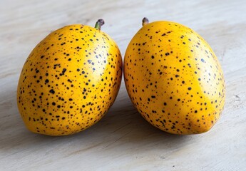 Vibrant Yellow Fruits with Speckled Skin Capturing the Essence of Exotic Produce on a Rustic Wooden Surface