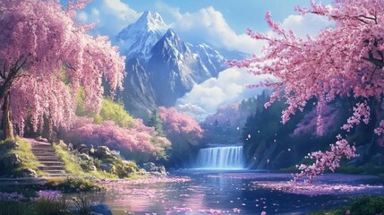 Serene landscape painting of a waterfall cascading into a pond, surrounded by blooming cherry blossom trees and majestic mountains under a bright sky.