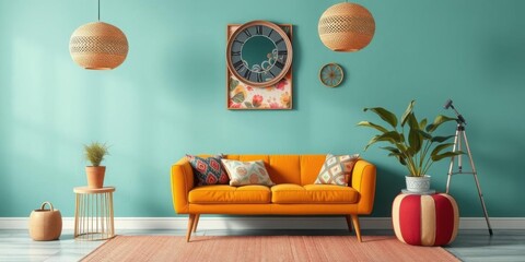Teal Room Interior Design Orange Sofa Woven Lamps Plants