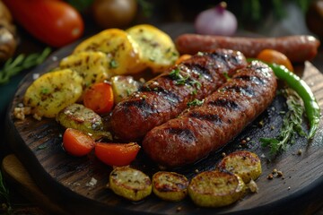 Delicious grilled meat with vegetables on barbecue grill with smoke