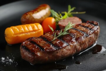 Delicious grilled meat with vegetables on barbecue grill with smoke