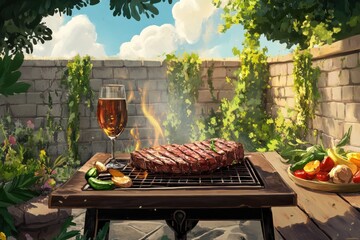 Delicious grilled meat with vegetables on barbecue grill with smoke