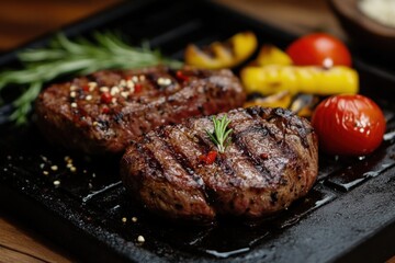Delicious grilled meat with vegetables on barbecue grill with smoke