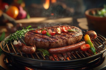 Delicious grilled meat with vegetables on barbecue grill with smoke