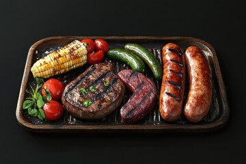 Delicious grilled meat with vegetables on barbecue grill with smoke