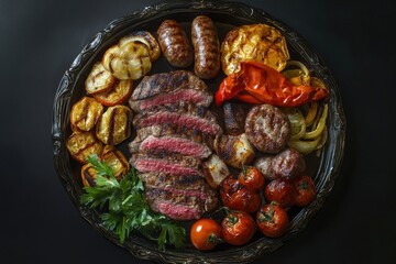 Delicious grilled meat with vegetables on barbecue grill with smoke
